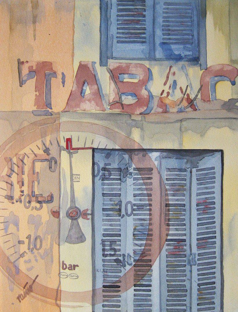 Bild Bar Tabac in Aquarell Lasurtechnik, gemalt von Rainer Hofmann