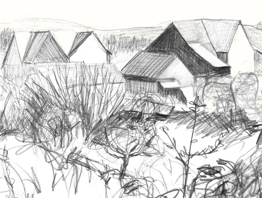 Schwarz-weiß-Zeichnung Bauernhof mit Scheunen und Garten von Doris Heidenreich