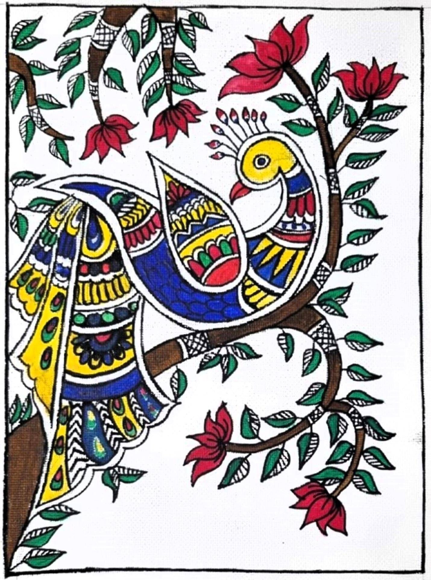 Pfau - traditionelles indisches Motiv, gemalt von Reena Bhatt in Madhubani-Technik 